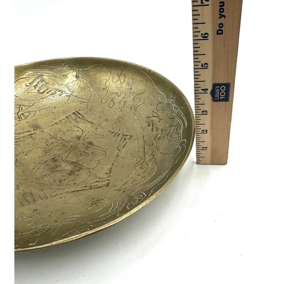 Chinese Vintage Brass Dragon Etched Large Decorative Bowl - Picture 7 of 8
